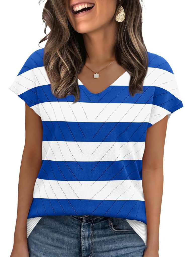 Women's White B Trendy Summer Tops Sweater Pullover V-Neck Pull On Short Sleeve